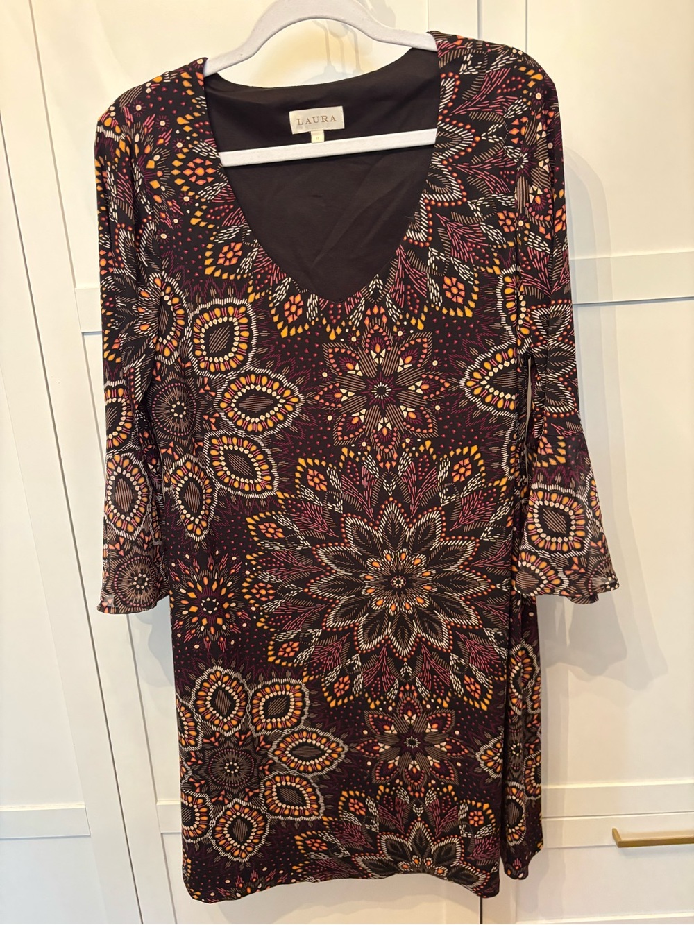 Laura Burgundy Floral Medallion V-Neck Long Sleeve Dress